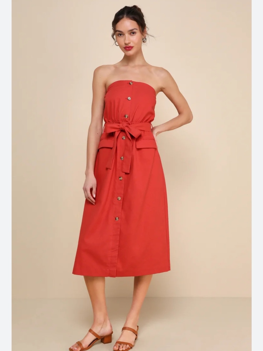 Sardinia Sun Rust Red Linen Strapless Midi Dress With Pockets